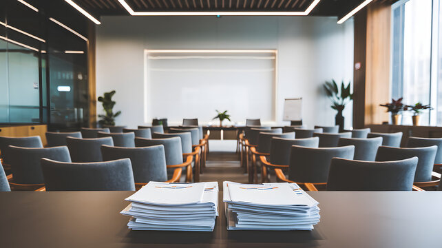 Empty meeting room with scattered budget papers and vacant chairs, symbolizing the aftermath of intense decision-making and strategic planning sessions.