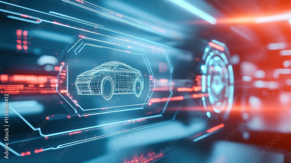 Poster high-tech futuristic vehicle visualization in a digital environment featuring neon elements and 3d w