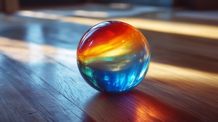 A colorful glass ball sits on a wooden floor