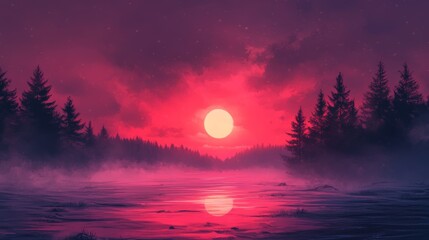 A beautiful sunset with a large red sun in the sky