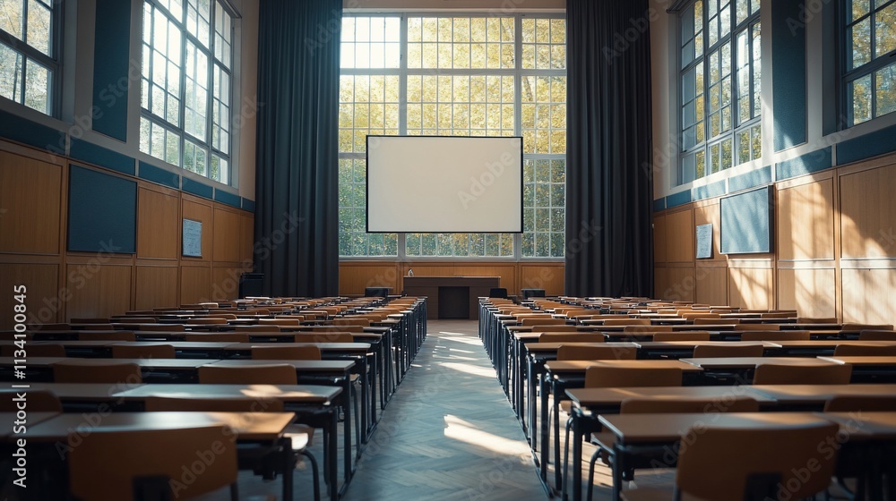 Poster A spacious classroom with rows of desks and a large projection screen.