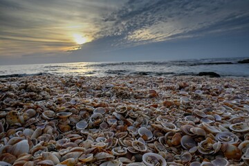 Obraz premium High resolution colorful panoramic image of the beautiful sunset on the beach- Israel