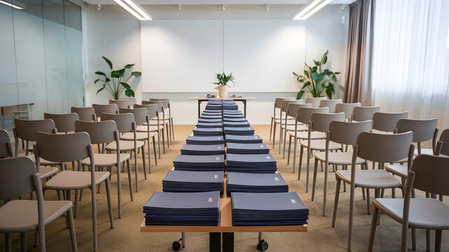 Empty meeting room with scattered budget papers and vacant chairs, symbolizing the aftermath of intense decision-making and strategic planning sessions.