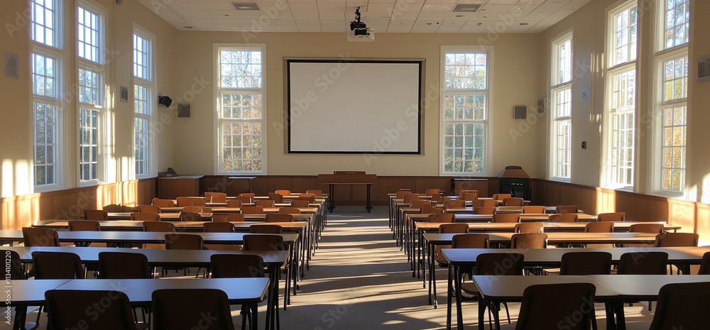 Poster A spacious classroom with rows of desks facing a large projection screen.