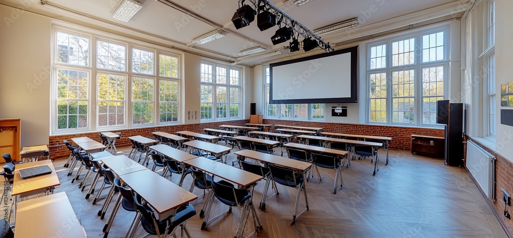 Poster A spacious classroom with rows of desks and large windows for natural light.