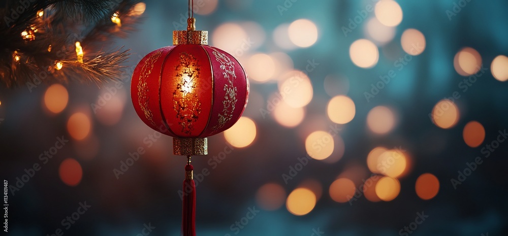 Poster a vibrant red lantern glowing softly against a blurred background of lights.