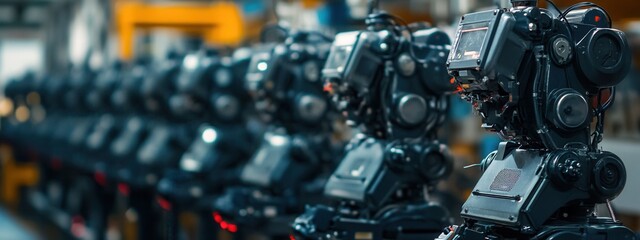 Fototapeta premium Industrial automation robots in manufacturing factory environment technology concept close-up view for efficiency and innovation
