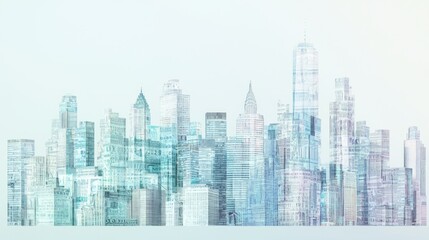 Currency Cityscape: Abstract Digital Skyline with Glitch Effects for Dynamic Urban Life