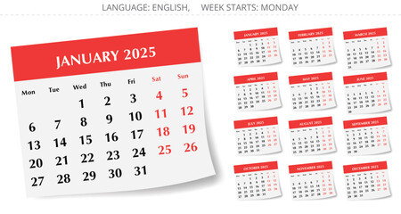 2025 calendar. Vector collection of English monthly paper pages. Design with Monday start