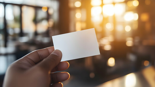 Hand holding a frosted business card with blurred interior background - Powered by Adobe