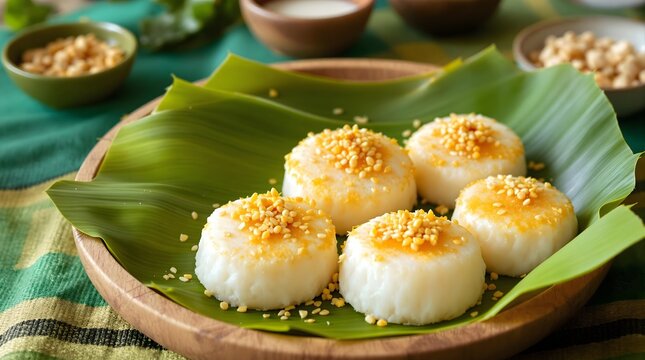Khao Nom Kok: Laotian Coconut and Rice Cakes Served on Banana Leaf