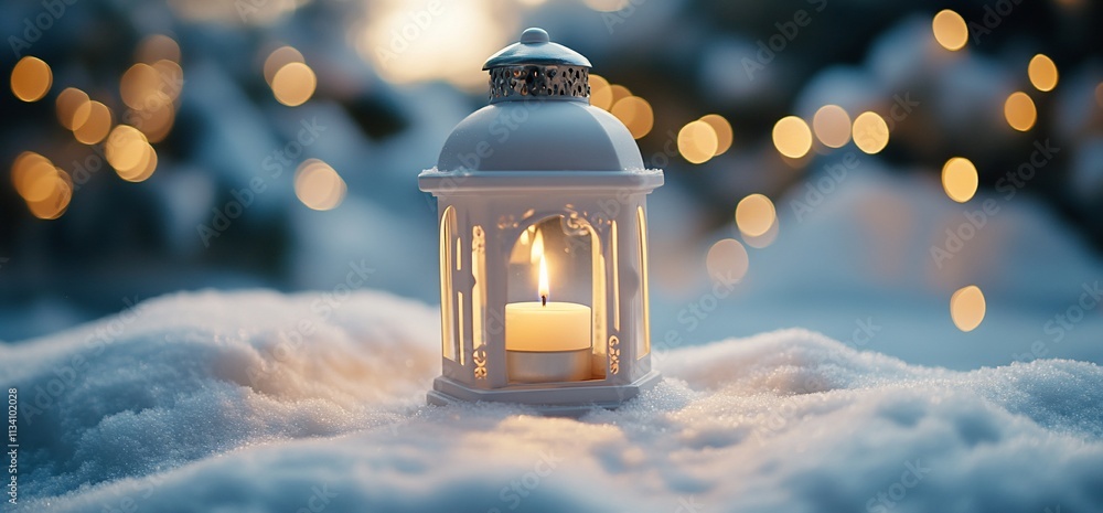 Poster a white lantern with a candle glowing in the snow, surrounded by soft lights.