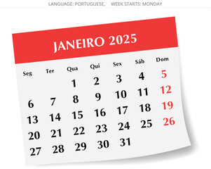 January PORTUGUESE monthly calendar for 2025 year. Vector illustration with stylish paper for Portugal