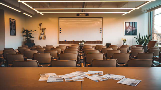Empty meeting room with scattered budget papers and vacant chairs, symbolizing the aftermath of intense decision-making and strategic planning sessions.