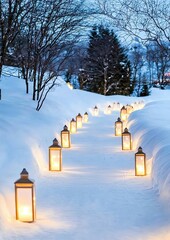 Chinese Newyear Venice Carnival Basant Kite Sapporo Snow Festival Illuminated path in snowy winter landscape.