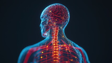 A digital illustration of a human figure showcasing glowing neural pathways and a visible spine, emphasizing the body's complexity and interconnectedness.