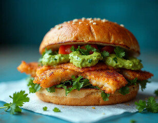 Close-Up of a Juicy Burger with Fresh Ingredients and Golden Fries on a Rustic Table