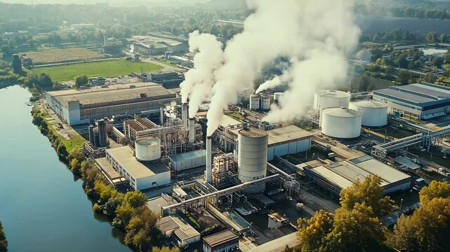 Industrial Landscape with Smoke Emitting from Factories