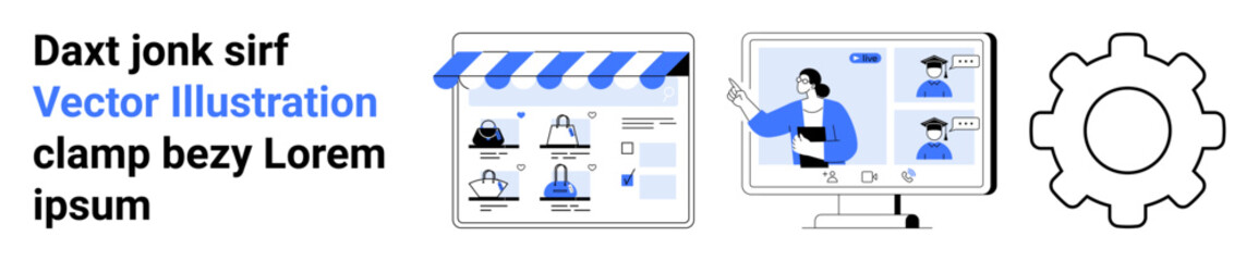Laptop screen with online storefront, desktop with virtual meeting participants, settings gear. Ideal for e-commerce, remote work, online communication, virtual meetings, tech development, digital