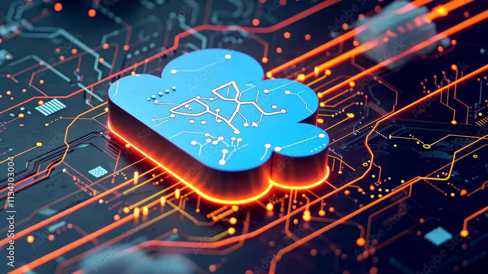 Poster a cloud-shaped graphic is presented on a computer chip, with additional clouds in the background, a 