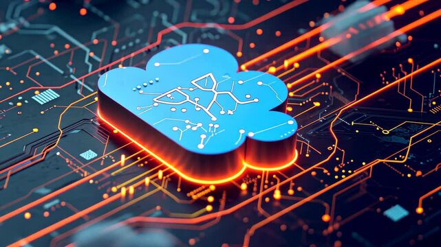 A cloud-shaped graphic is presented on a computer chip, with additional clouds in the background, A symbolic representation of firewall protection for cloud storage