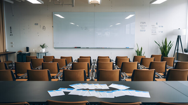 Empty meeting room with scattered budget papers and vacant chairs, symbolizing the aftermath of intense decision-making and strategic planning sessions.
