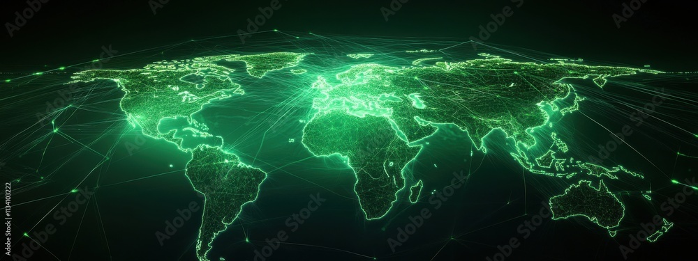 Poster high-tech digital world map with neon green connections representing global network, data flow, and 