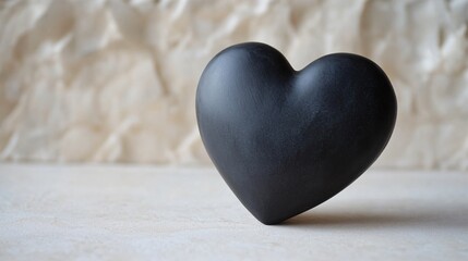 Fototapeta premium A matte black ceramic heart on a pale cream surface, with a hint of texture in the background for a minimalist touch