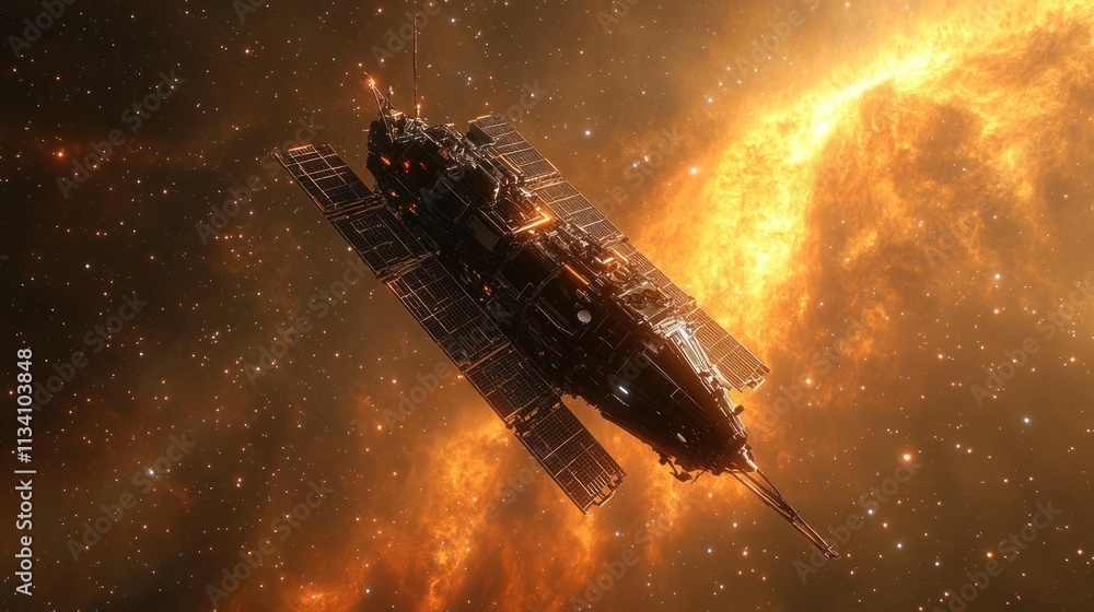Poster spaceship traversing fiery nebula in deep space.