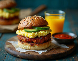 Mouthwatering Burger with Juicy Patty and Fresh Vegetables in Natural Lighting