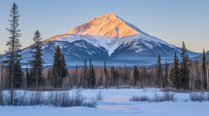 Majestic mountain peak bathed in golden sunrise light, overlooking a snowy forest landscape.