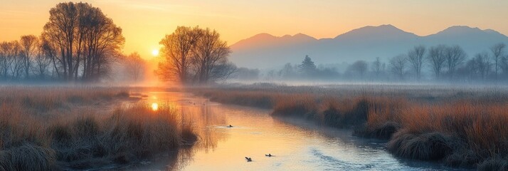 Fototapeta premium Misty sunrise over calm river, trees, and mountains.