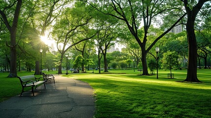 Picturesque park landscape with grassy pathways surrounded by tall green trees and morning light.