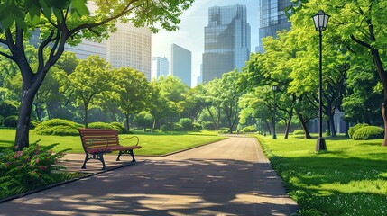 Fototapeta premium City park with open green spaces, walking paths, and tall trees under a bright blue sky.