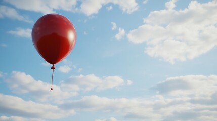 Obraz premium Single red balloon floating in a partly cloudy sky.