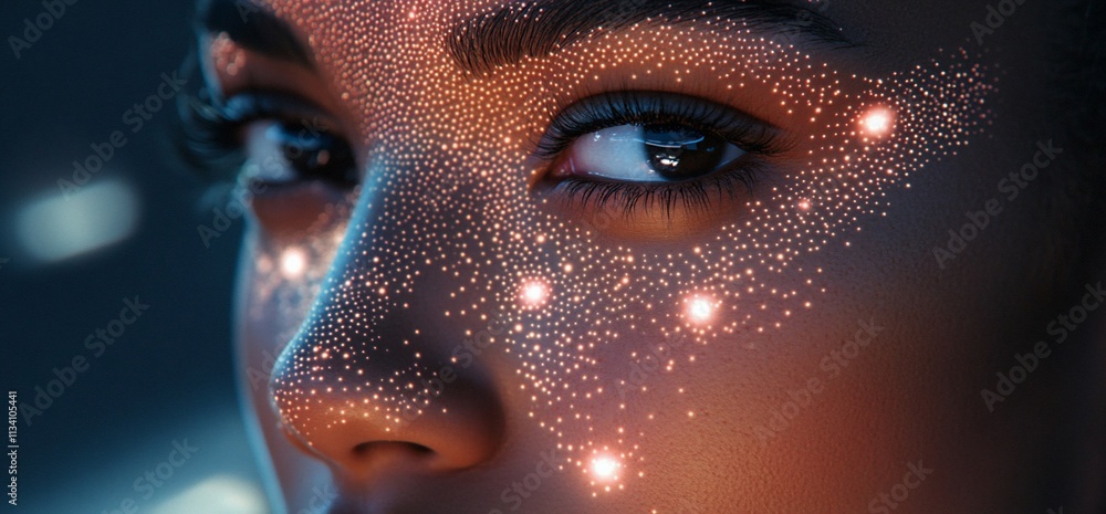 Poster close-up of a woman's face adorned with glowing, sparkly patterns.