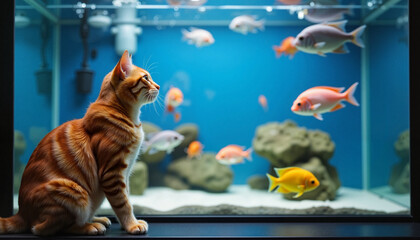 Obraz premium Cat curiously observes colorful fish swimming in a vibrant aquarium during a sunny afternoon