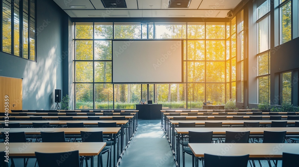 Aufkleber modern conference room with rows of tables and large windows.