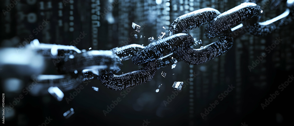 Poster broken metallic chain disintegrating into glowing digital data fragments