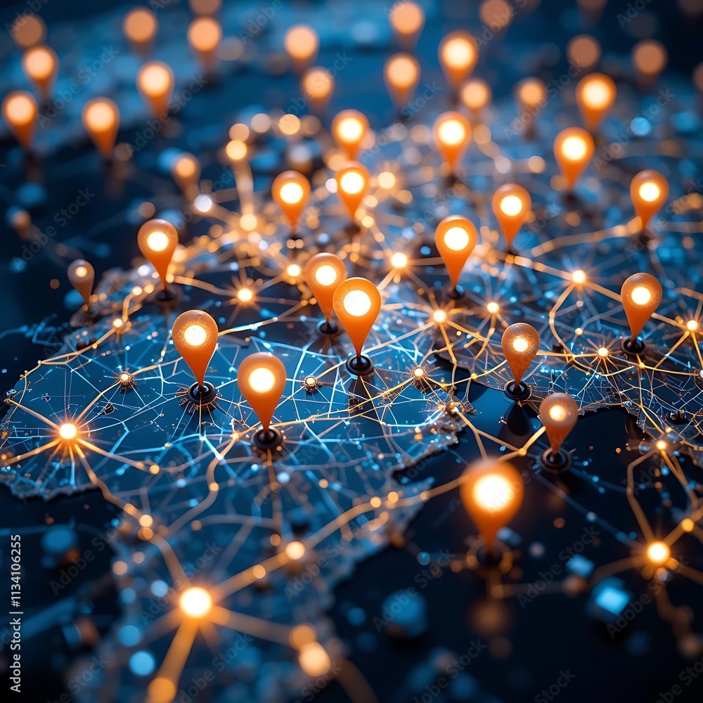 Poster a glowing map with markers connected by lines in a high-tech style