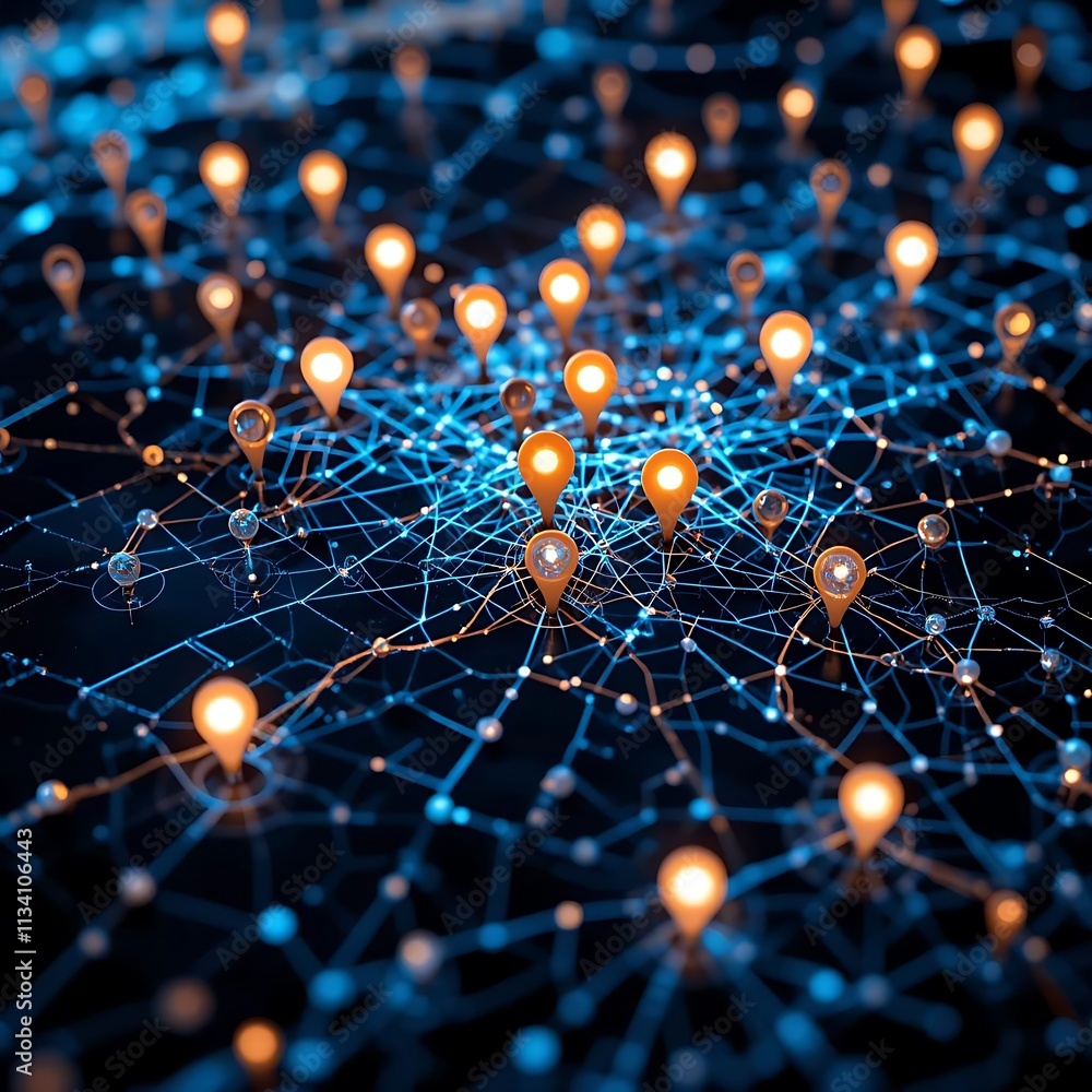 Poster a glowing map with markers connected by lines in a high-tech style