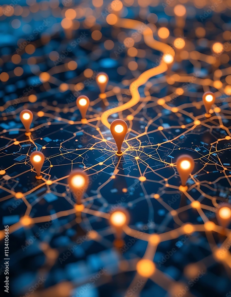 Fototapete a glowing map with markers connected by lines in a high-tech style