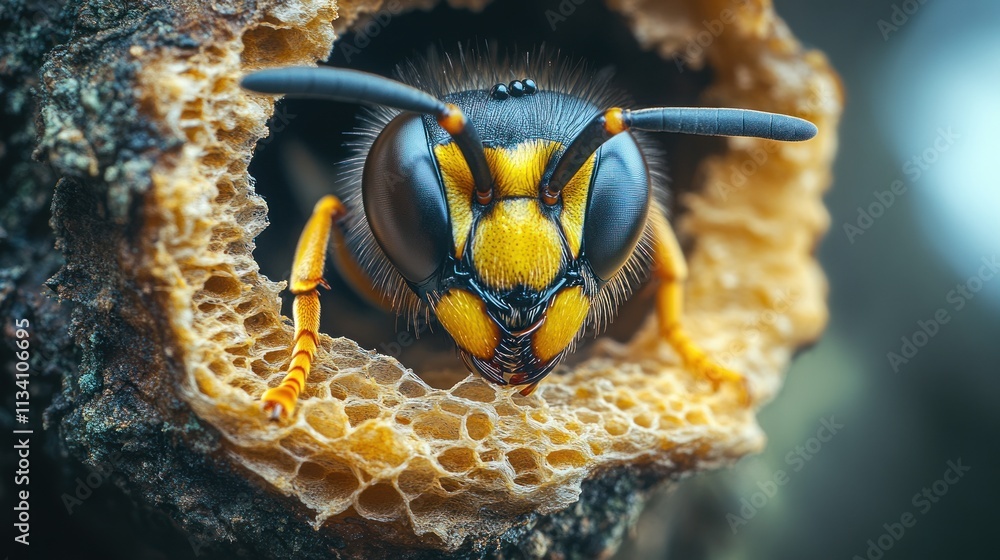 Aufkleber close-up of a wasp in its nest, showing intricate detail of its face and honeycomb structure.