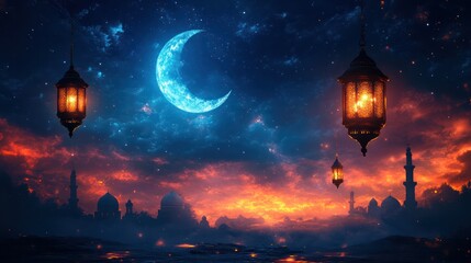Magical Ramadan Night: Crescent Moon, Lanterns, and Cityscape