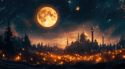 Naklejka premium Enchanted Mosque Under a Giant Moon