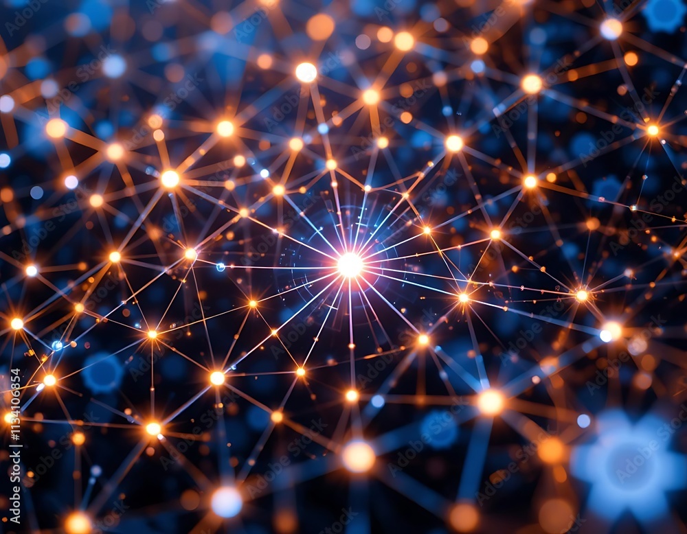 Poster a glowing network of nodes forming a digital web structure
