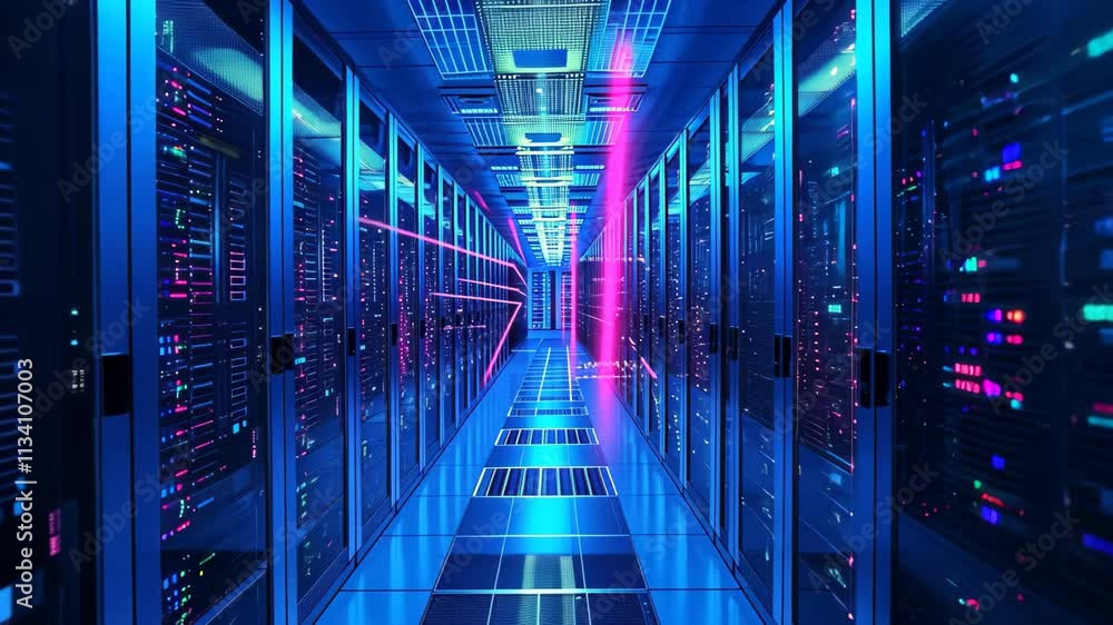 Poster multiple rows of servers in operation in a large data center, with blinking lights and cables connec