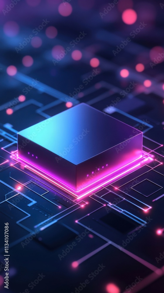 Poster futuristic abstract digital background featuring a vibrant neon cube surrounded by glowing circuit p