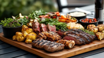 Grilled meat platter with fresh vegetables on a wooden board