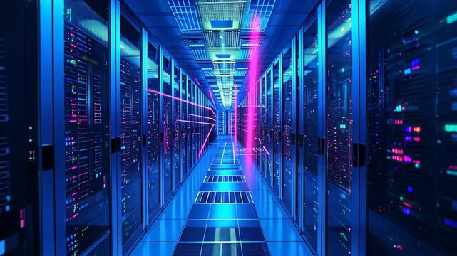 Multiple rows of servers in operation in a large data center, with blinking lights and cables connecting the units, A three-dimensional representation of a large scale server